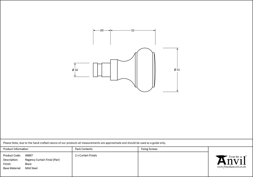 Black Regency Curtain Finial (pair) - 49897 - Technical Drawing
