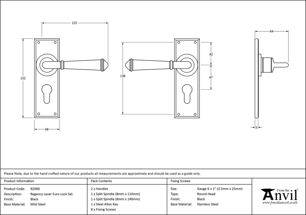 Black Regency Lever Euro Lock Set - 92060 - Technical Drawing