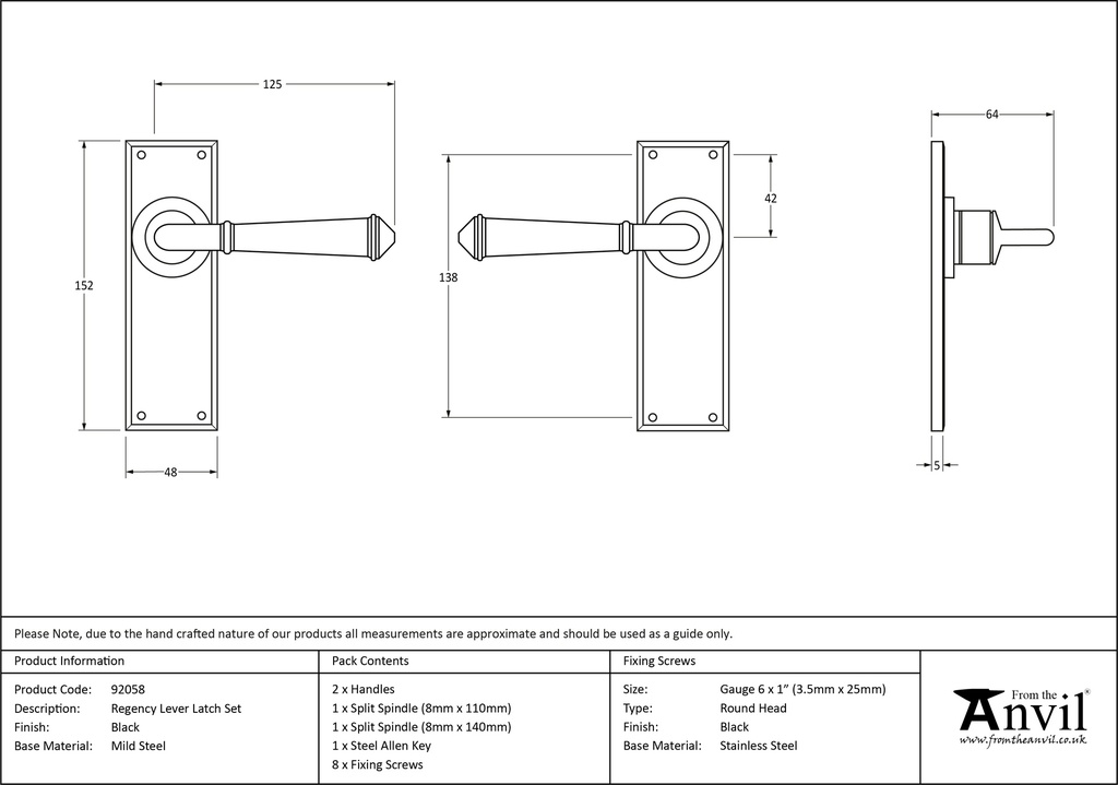 Black Regency Lever Latch Set - 92058 - Technical Drawing
