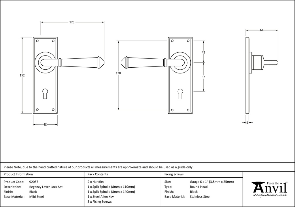 Black Regency Lever Lock Set - 92057 - Technical Drawing