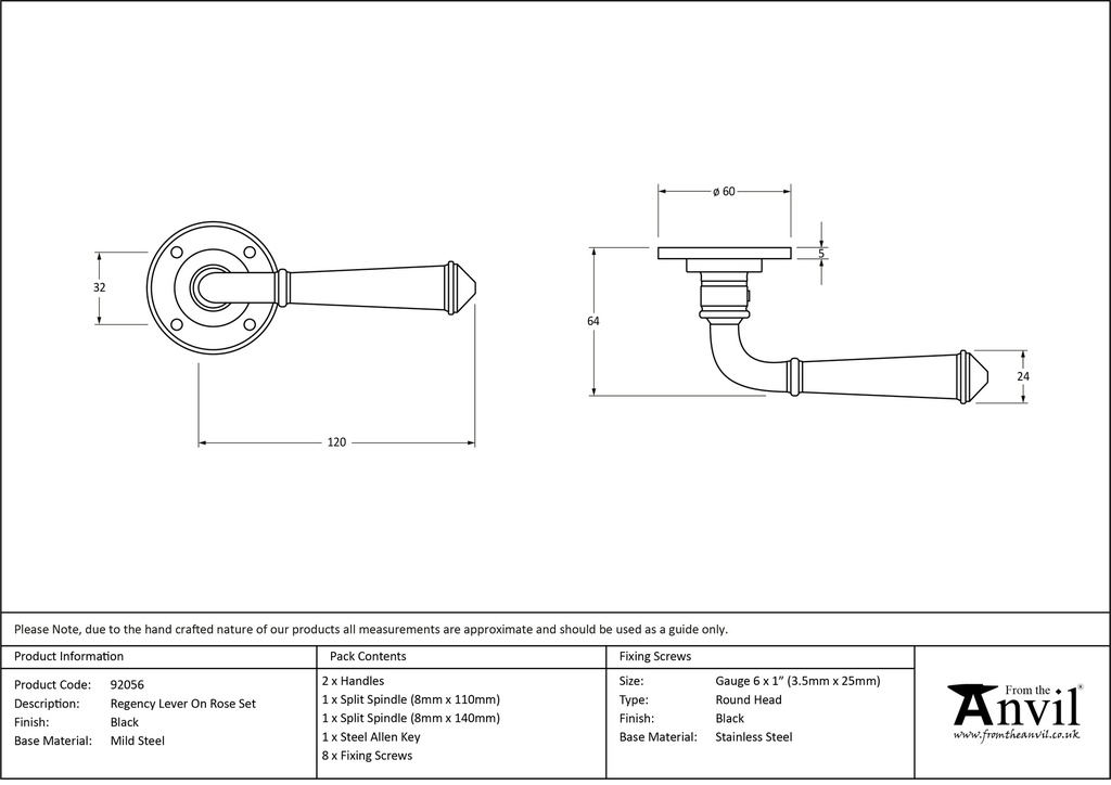 Black Regency Lever on Rose Set - 92056 - Technical Drawing