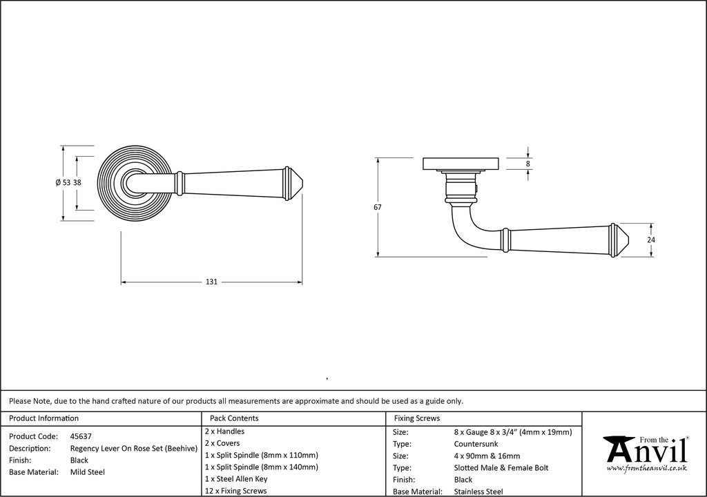 Black Regency Lever on Rose Set (Beehive) - 45637 - Technical Drawing