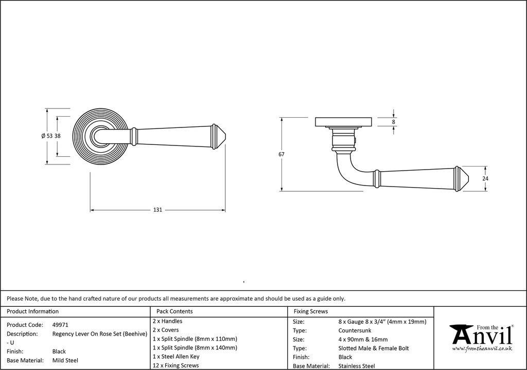 Black Regency Lever on Rose Set (Beehive) - Unsprung - 49971 - Technical Drawing