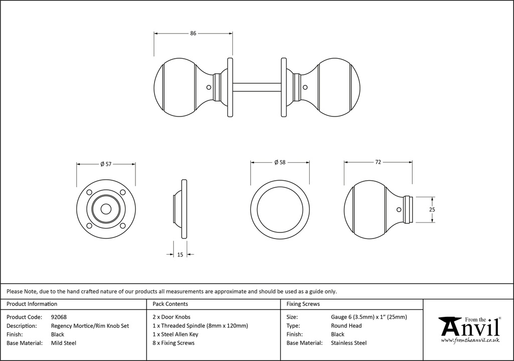 Black Regency Mortice/Rim Knob Set - 92068 - Technical Drawing