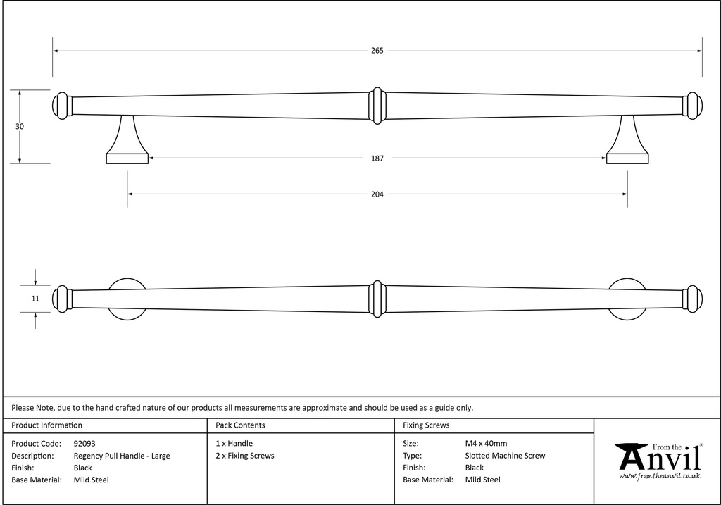 Black Regency Pull Handle - Large - 92093 - Technical Drawing