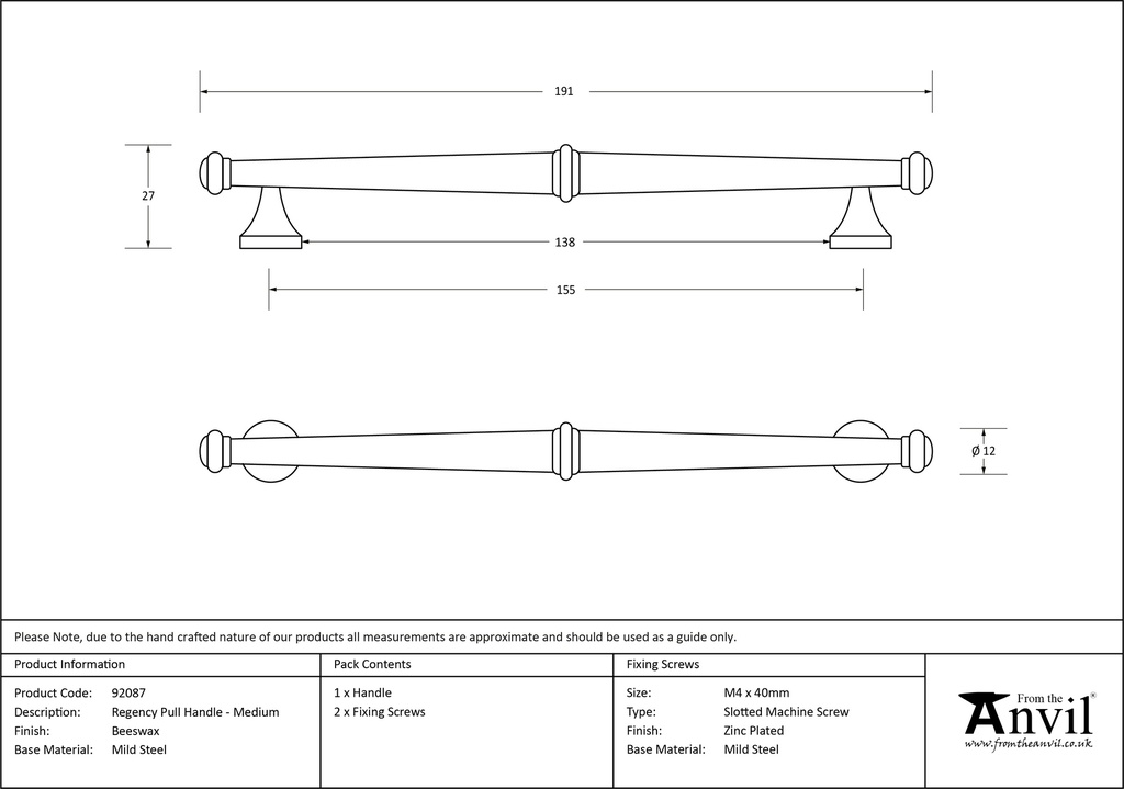 Black Regency Pull Handle - Medium - 92087 - Technical Drawing