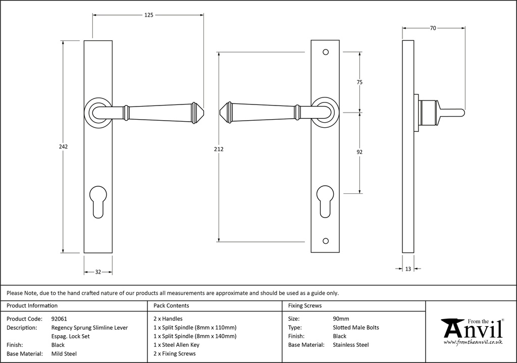 Black Regency Slimline Lever Espag. Lock Set - 92061 - Technical Drawing