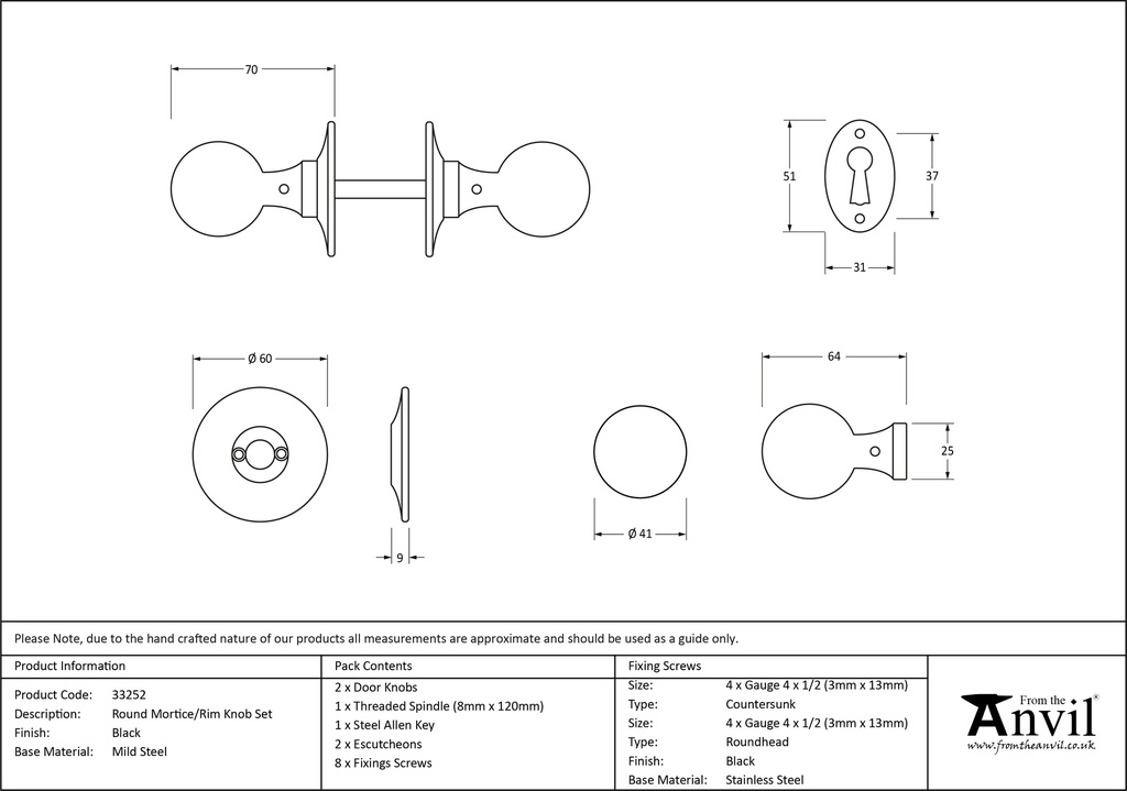 Black Round Mortice/Rim Knob Set - 33252 - Technical Drawing
