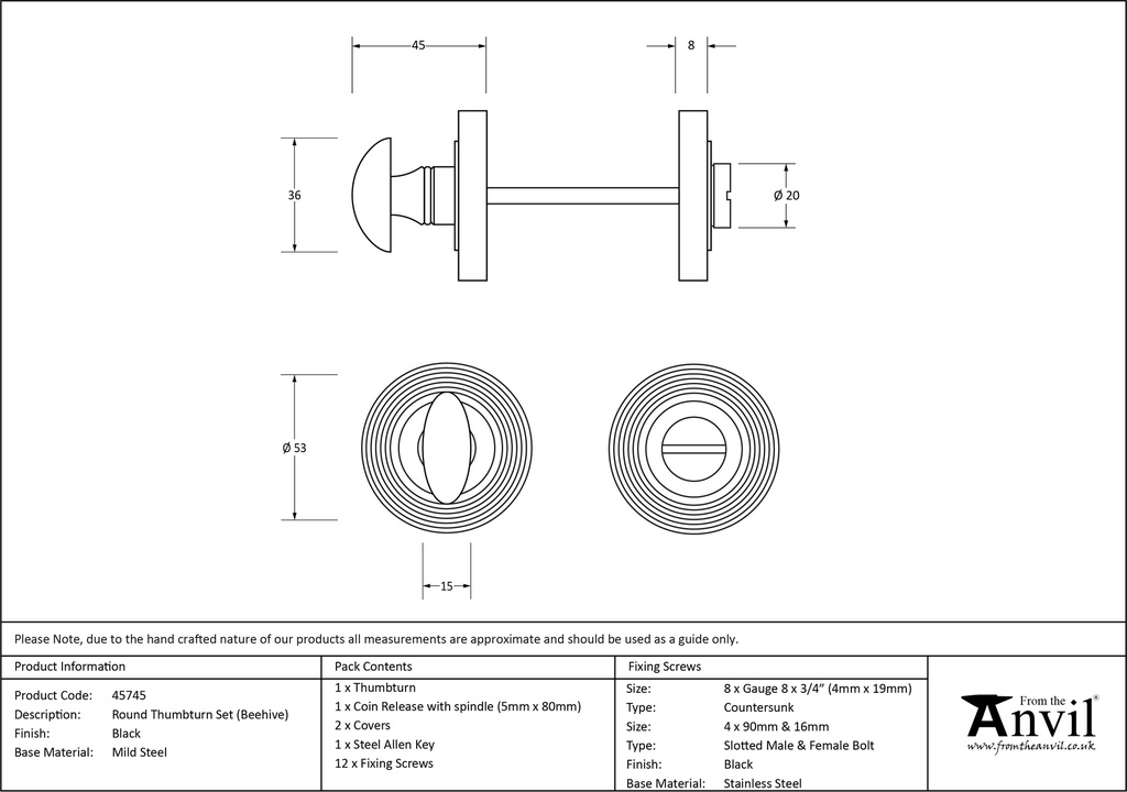 Black Round Thumbturn Set (Beehive) - 45745 - Technical Drawing