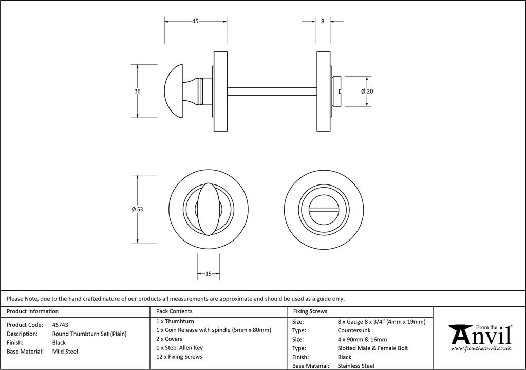 Black Round Thumbturn Set (Plain) - 45743 - Technical Drawing