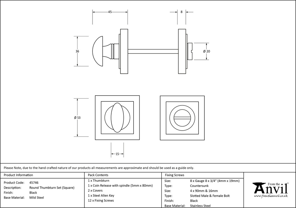 Black Round Thumbturn Set (Square) - 45746 - Technical Drawing