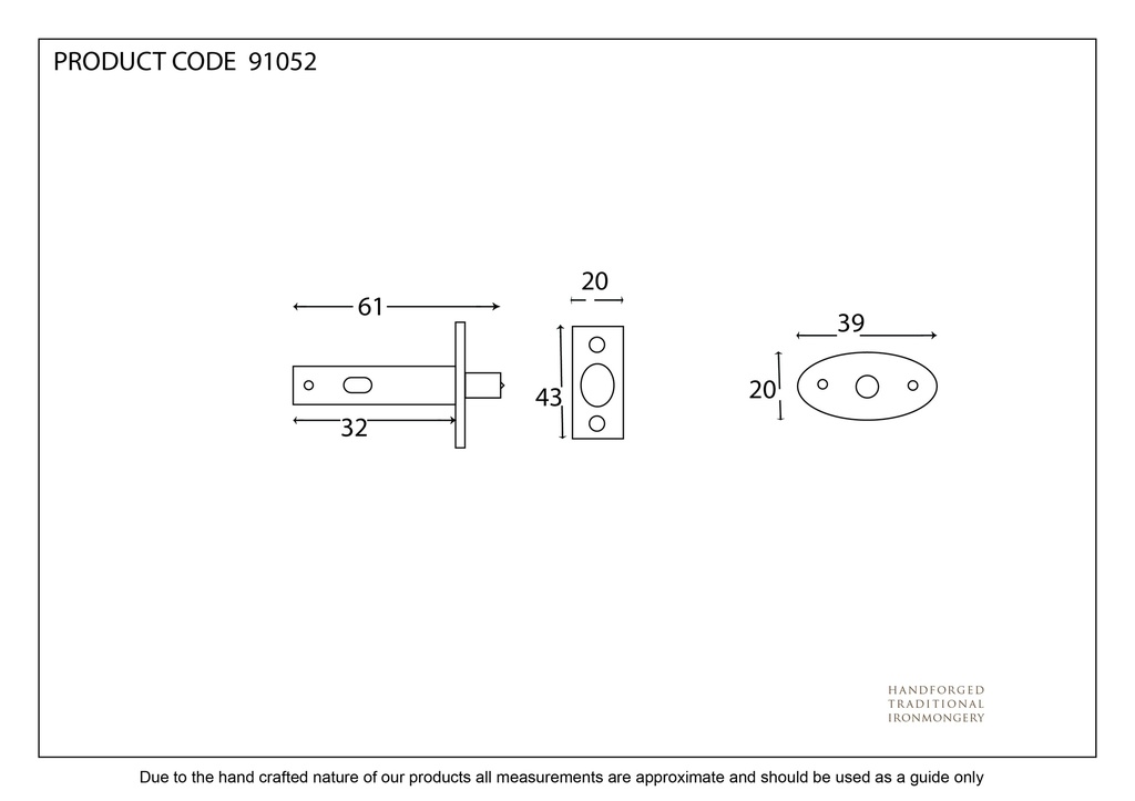 Black Security Door Bolt - 91052 - Technical Drawing