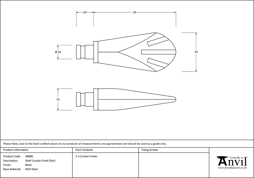 Black Shell Curtain Finial (pair) - 49896 - Technical Drawing