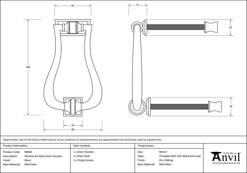 Black Slimline Art Deco Door Knocker - 90034 - Technical Drawing