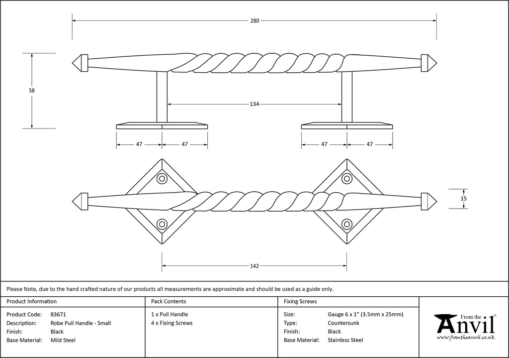Black Small Robe Pull Handle - 83671 - Technical Drawing