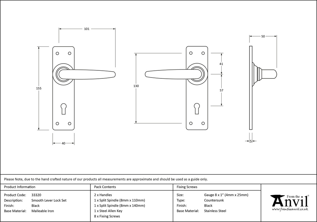 Black Smooth Lever Lock Set - 33320 - Technical Drawing