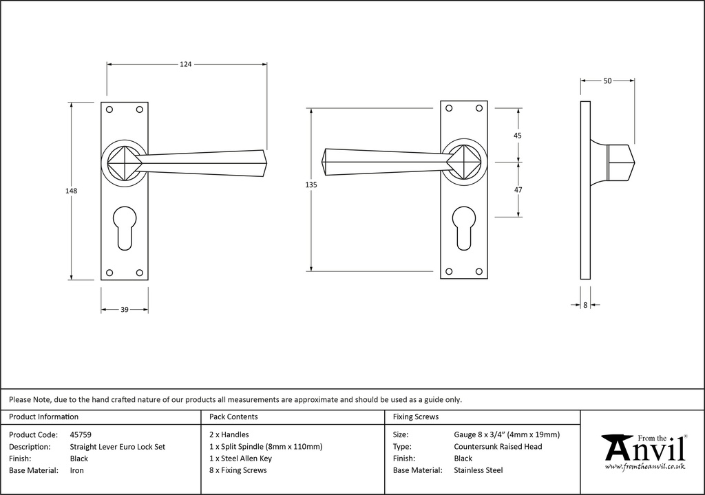 Black Straight Lever Euro Lock Set - 45759 - Technical Drawing