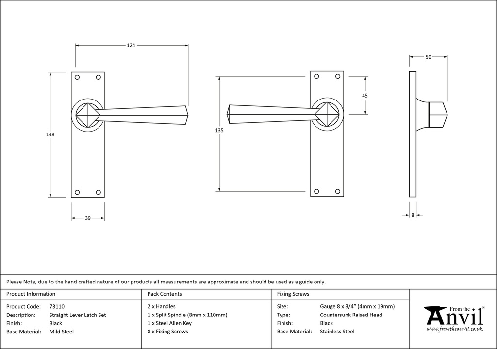 Black Straight Lever Latch Set - 73110 - Technical Drawing