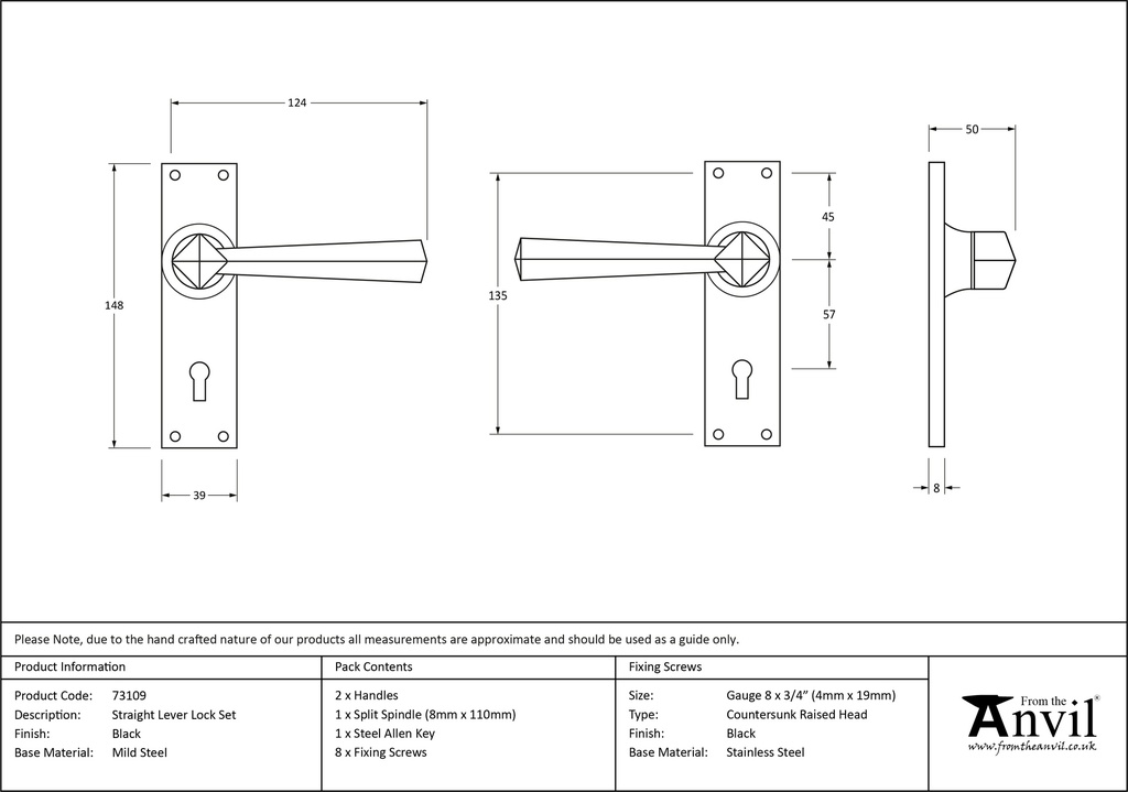 Black Straight Lever Lock Set - 73109 - Technical Drawing