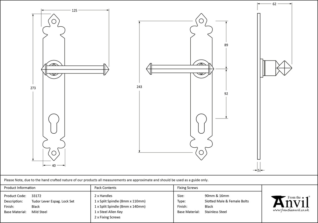 Black Tudor Lever Espag. Lock Set - 33172 - Technical Drawing