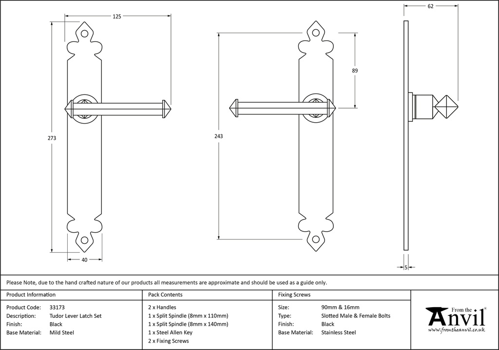 Black Tudor Lever Latch Set - 33173 - Technical Drawing