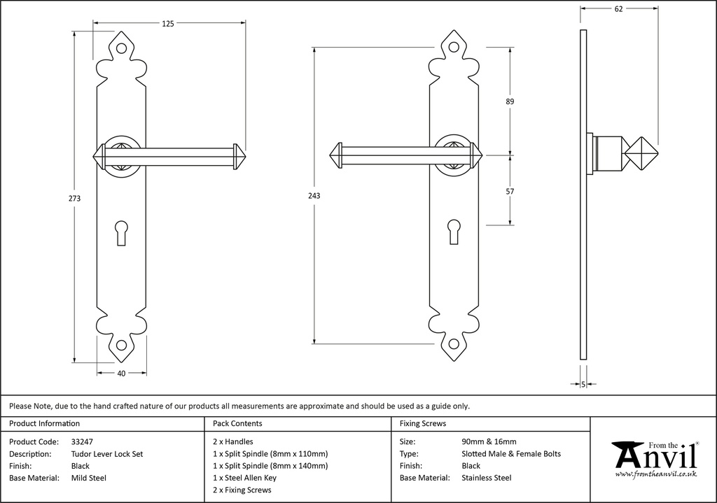 Black Tudor Lever Lock Set - 33247 - Technical Drawing