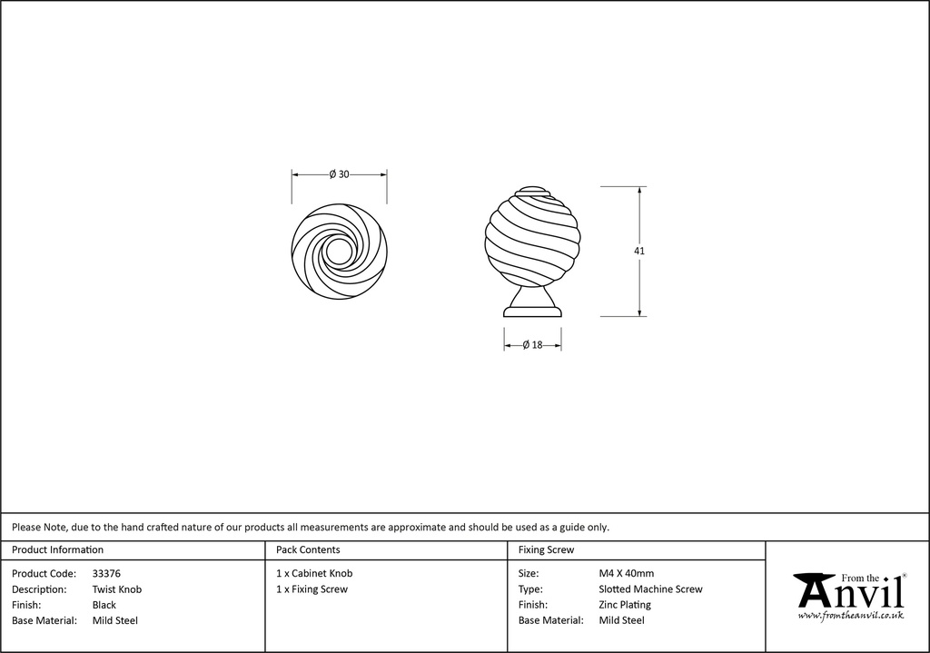 Black Twist Cabinet Knob - 33376 - Technical Drawing