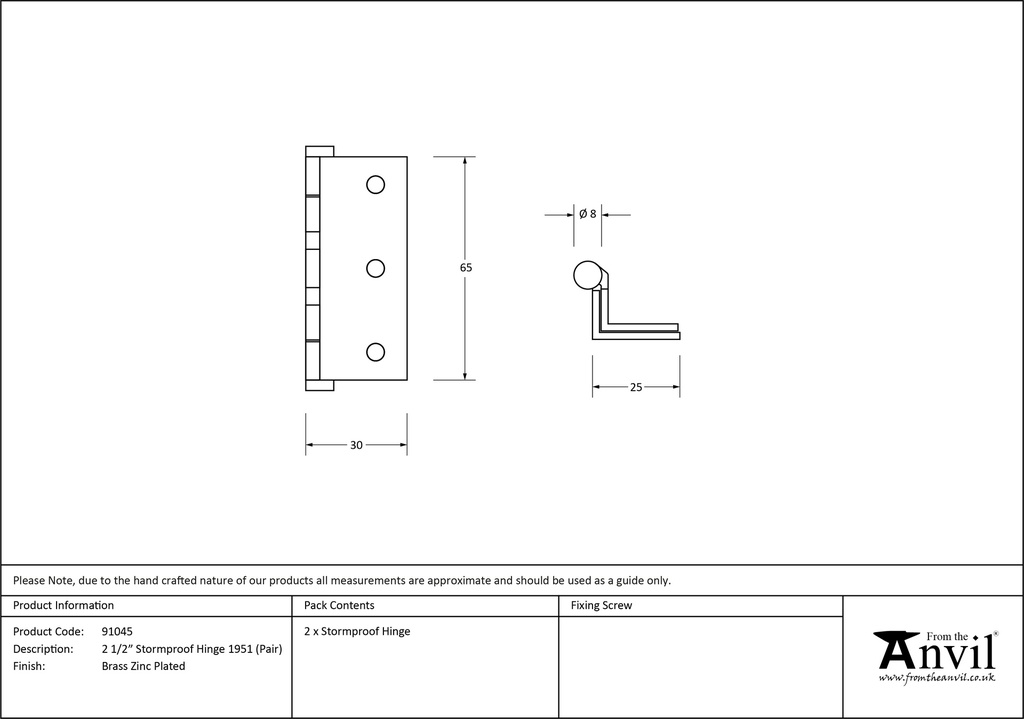 Bright Zinc Plated 2½&quot; Stormproof Hinge 1951 (pair) - 91045 - Technical Drawing