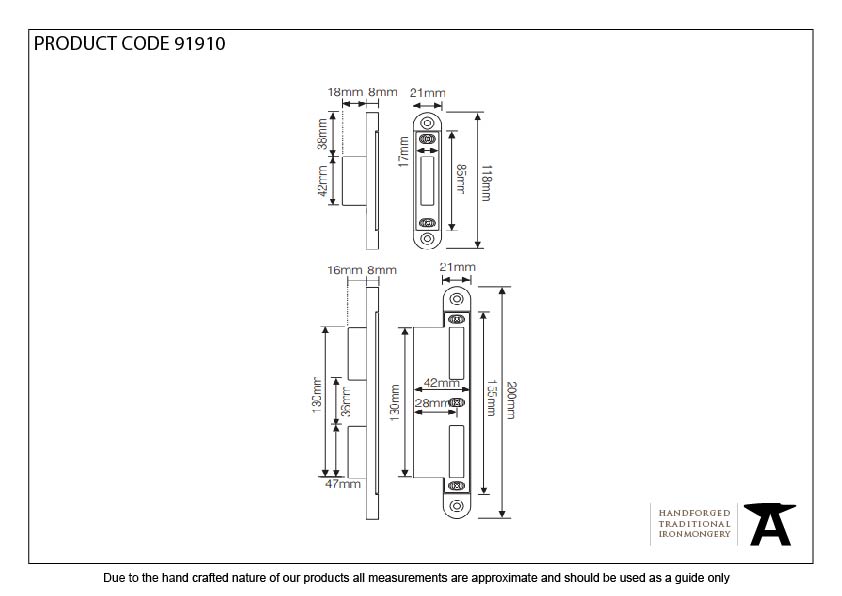 Bright Zinc Plated Espag Keep Set - 57mm Door - 91910 - Technical Drawing