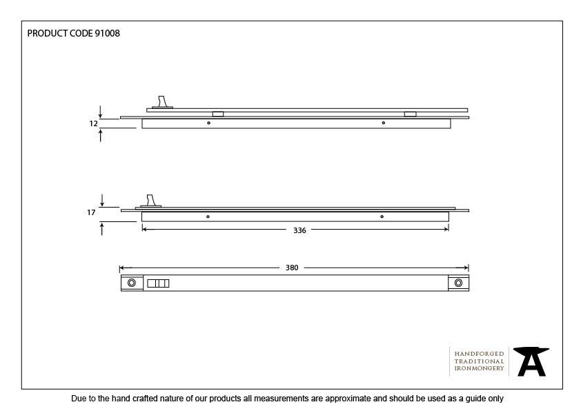 Brown Large Aluminium Trickle Vent 380mm - 91008 - Technical Drawing