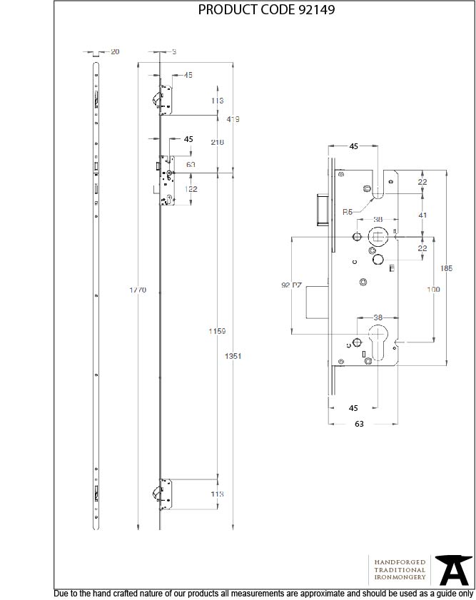 BZP Winkhaus 1.77m AV2 LH Heritage Lock 45mmBS - 92149 - Technical Drawing