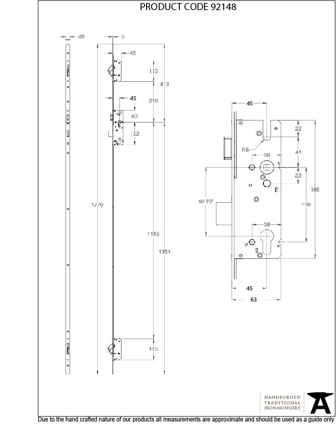 BZP Winkhaus 1.77m AV2 RH Heritage Lock 45mmBS - 92148 - Technical Drawing