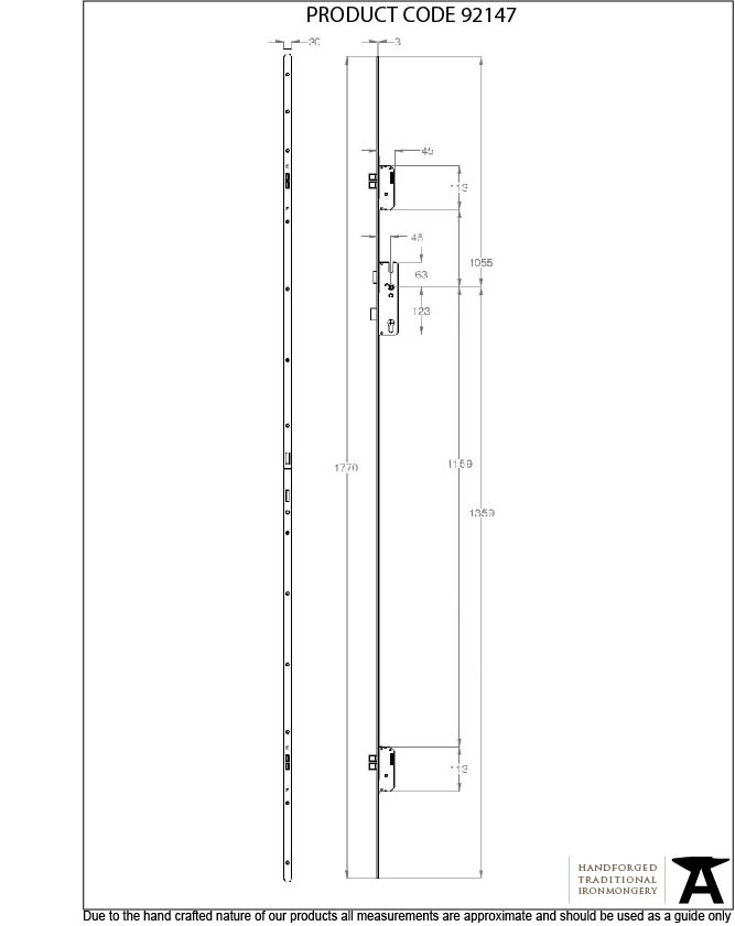 BZP Winkhaus 1.77m Heritage Thunderbolt Espag Lock 45mmBS - 92147 - Technical Drawing