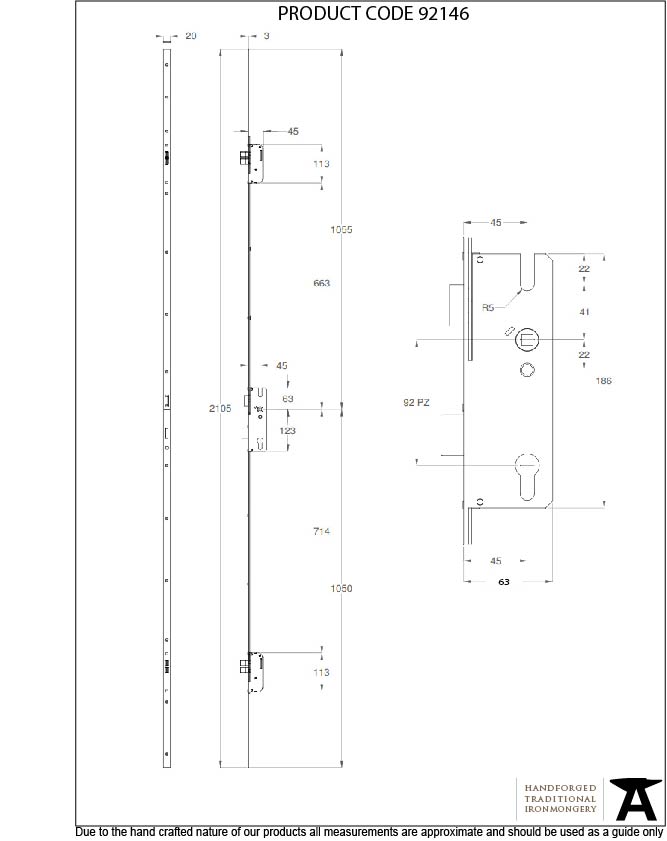 BZP Winkhaus 2.1m Thunderbolt Espag Lock 45mmBS - 92146 - Technical Drawing