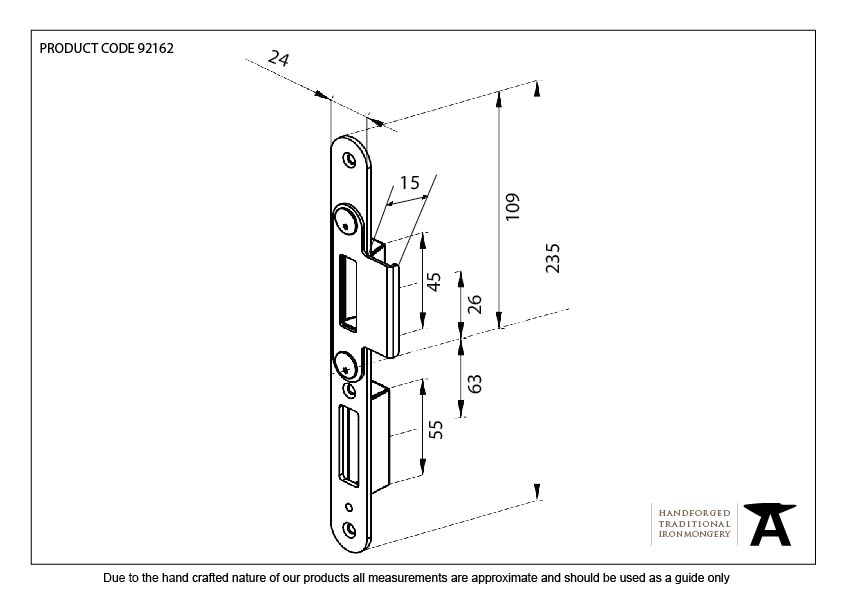 BZP Winkhaus Centre Latch Keep LH 44mm Door - 92162 - Technical Drawing