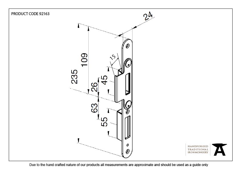 BZP Winkhaus Centre Latch Keep RH 44mm Door - 92163 - Technical Drawing