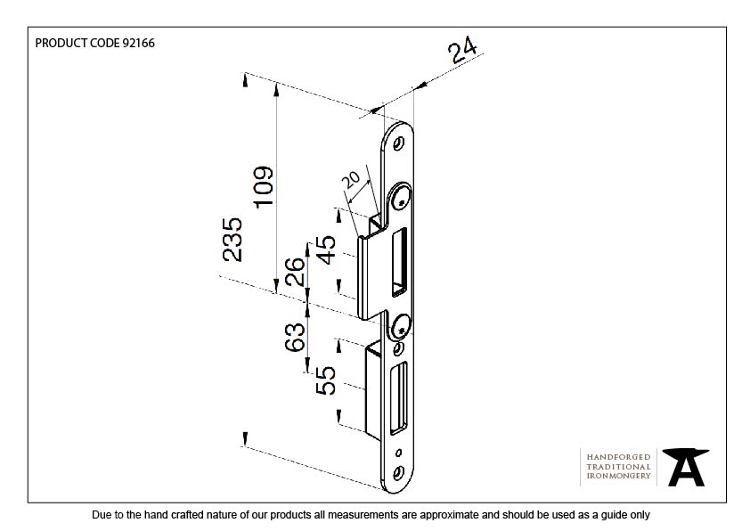 BZP Winkhaus Centre Latch Keep RH 56mm Door - 92166 - Technical Drawing