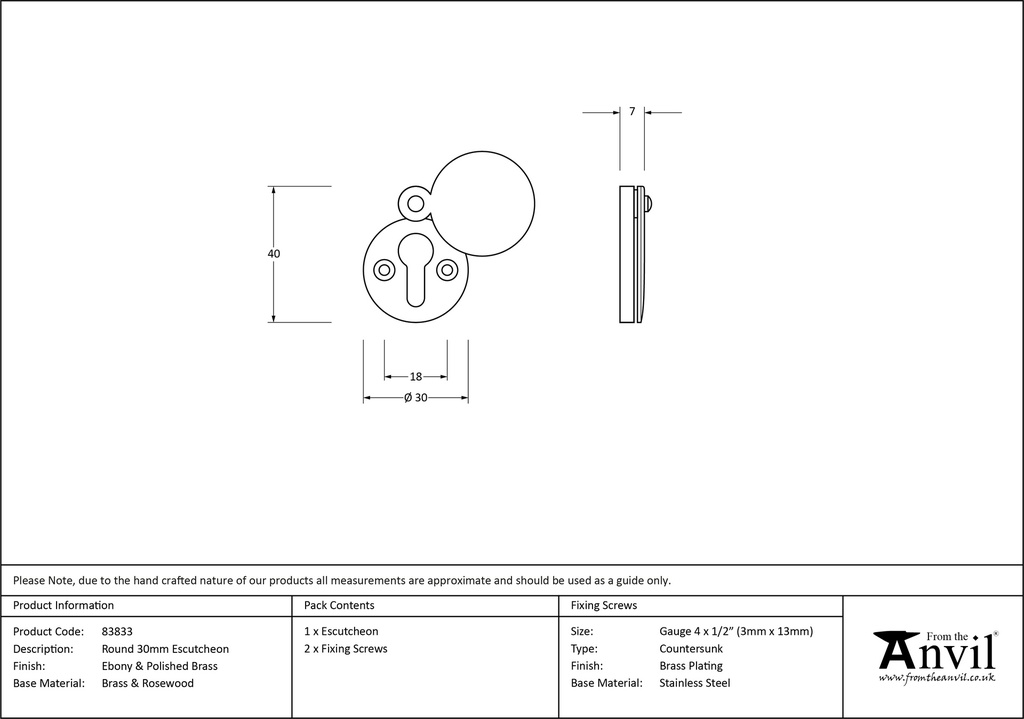 Ebony 30mm Round Escutcheon - 83833 - Technical Drawing