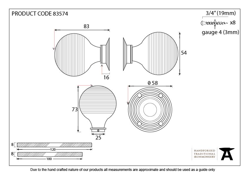 Ebony &amp; Aged Brass Beehive Mortice/Rim Knob Set - 83574 - Technical Drawing