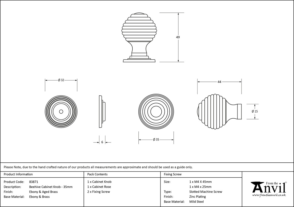 Ebony and AB Beehive Cabinet Knob 35mm - 83871 - Technical Drawing