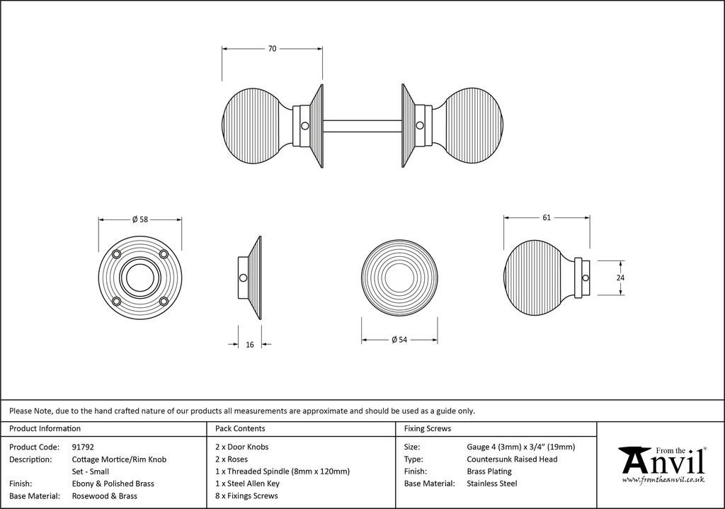 Ebony and PB Cottage Mortice/Rim Knob Set - Small - 91762 - Technical Drawing