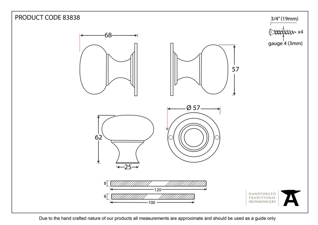 Ebony and PN Bun Mortice/Rim Knob Set - 83838 - Technical Drawing