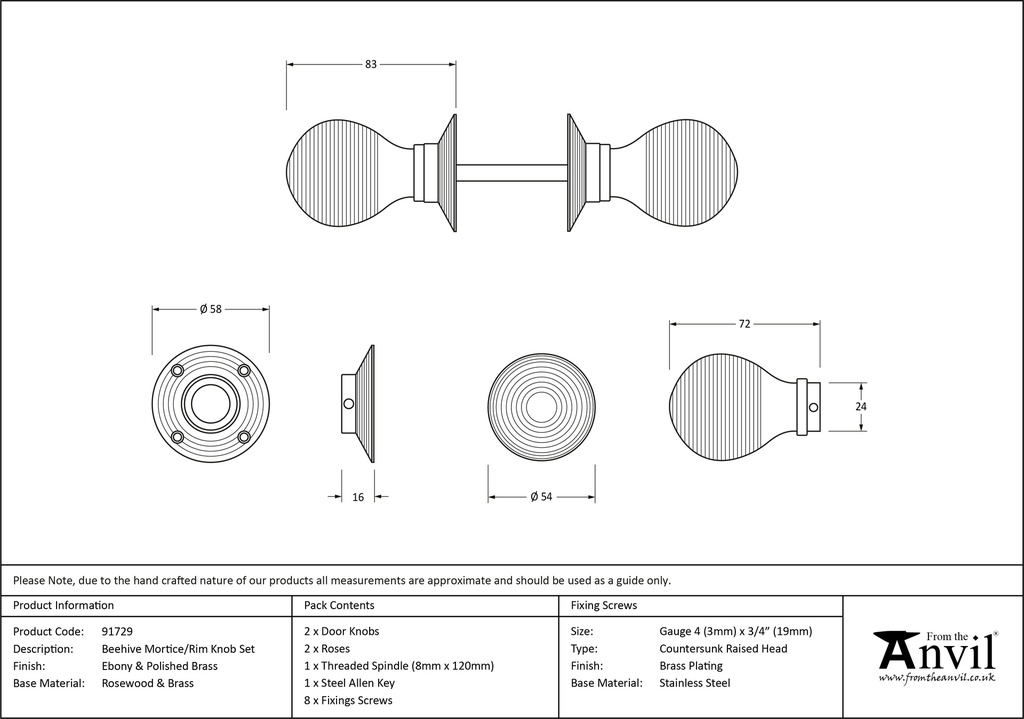 Ebony &amp; Polished Brass Beehive Mortice/Rim Knob Set - 91729 - Technical Drawing