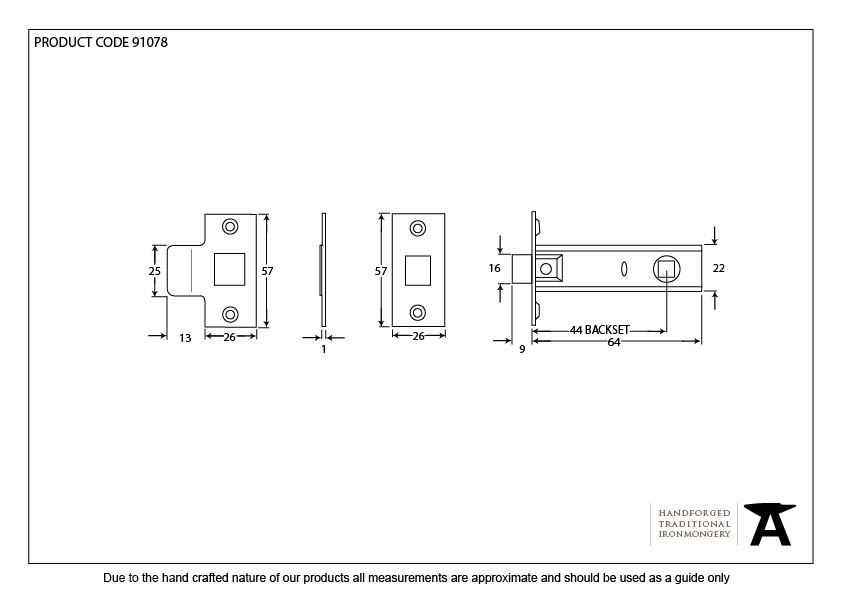 Electro Brassed 2½&quot; Tubular Mortice Latch - 91078 - Technical Drawing