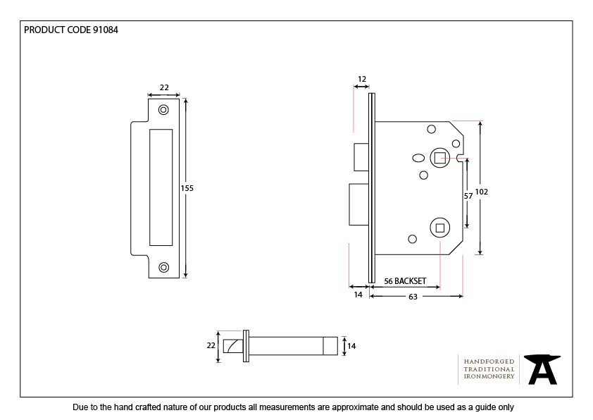 Electro Brassed 3" Bathroom Mortice Lock - 91084 - Technical Drawing