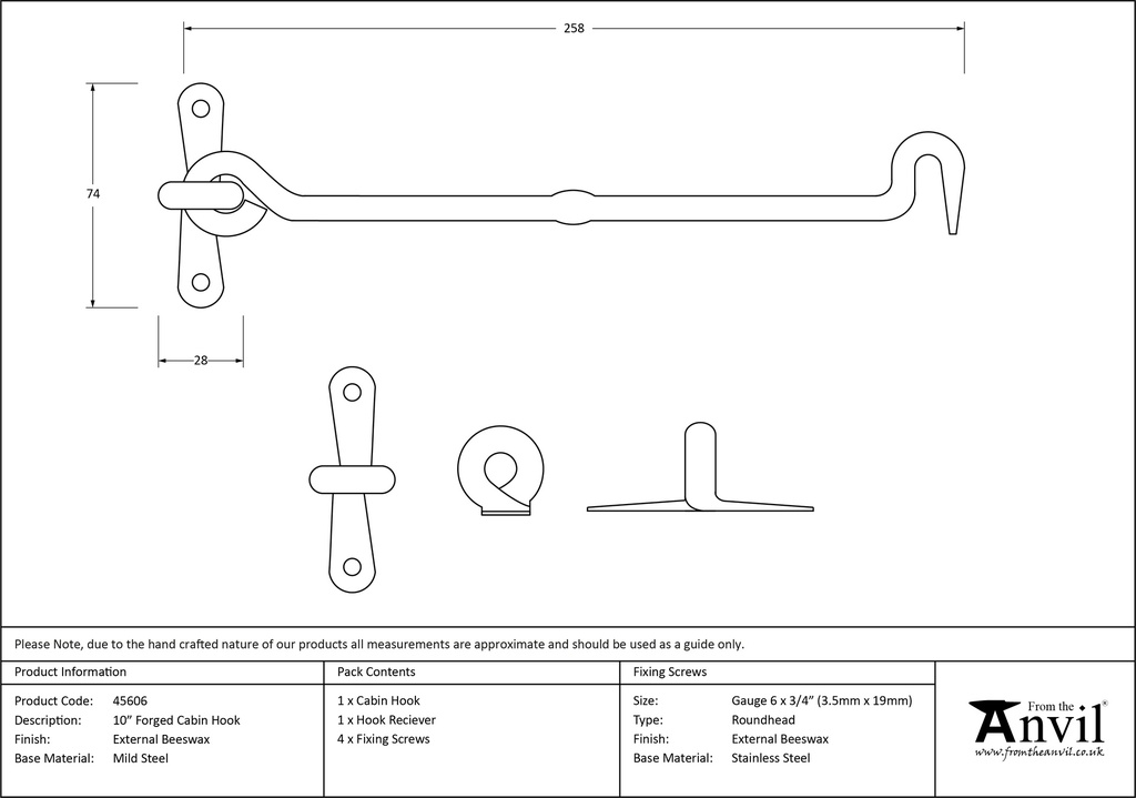 External Beeswax 10&quot; Forged Cabin Hook - 45606 - Technical Drawing