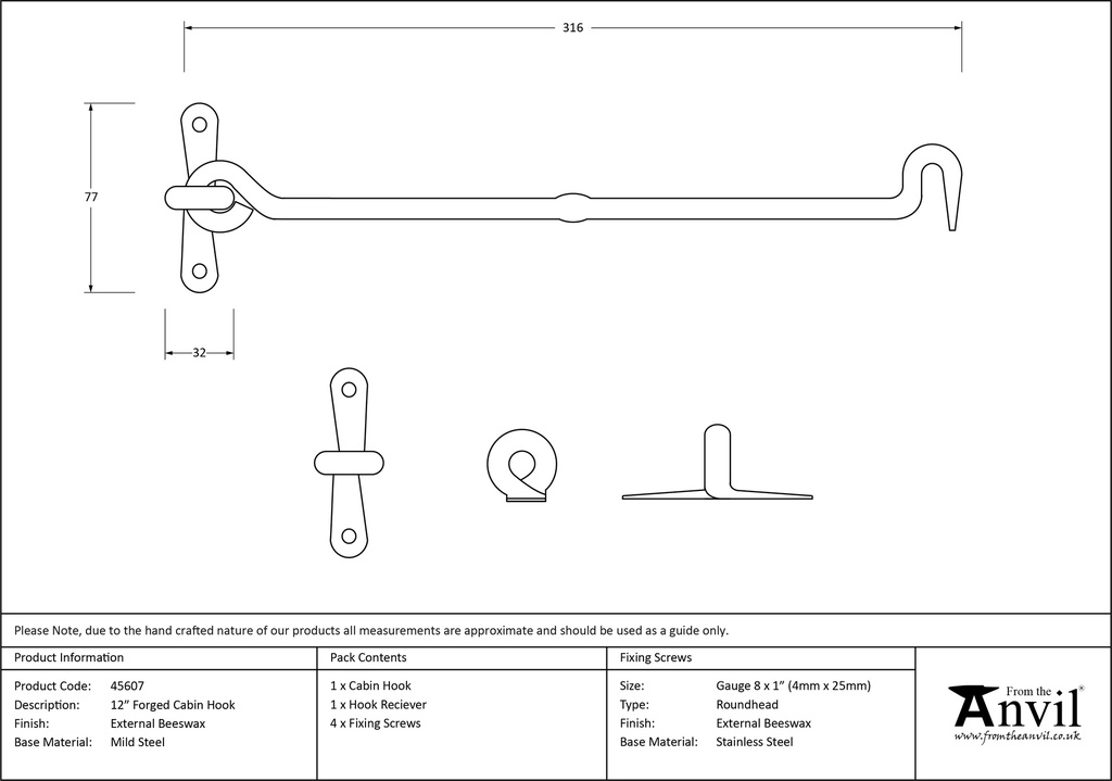 External Beeswax 12&quot; Forged Cabin Hook - 45607 - Technical Drawing