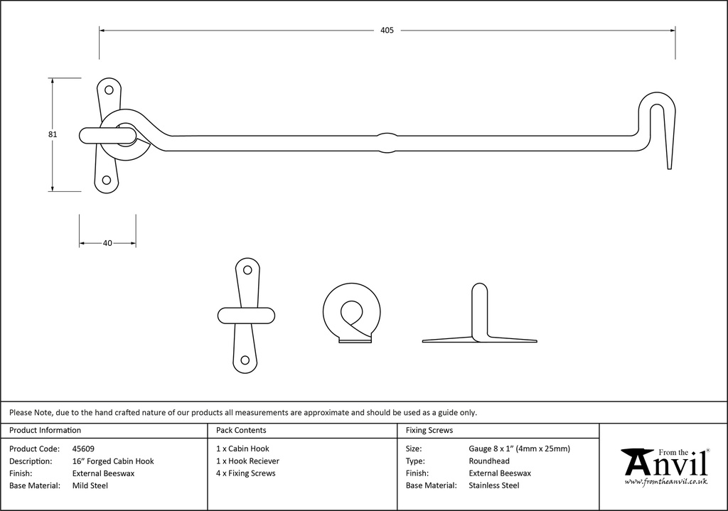 External Beeswax 16&quot; Forged Cabin Hook - 45609 - Technical Drawing