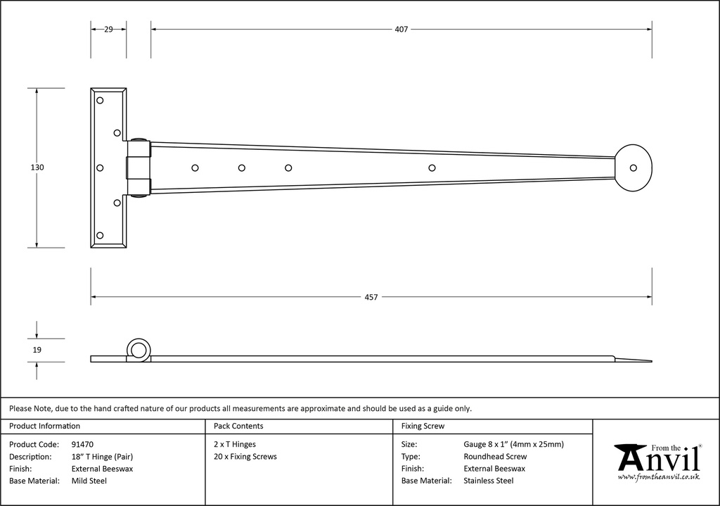 External Beeswax 18&quot; Penny End T Hinge (pair) - 91470 - Technical Drawing