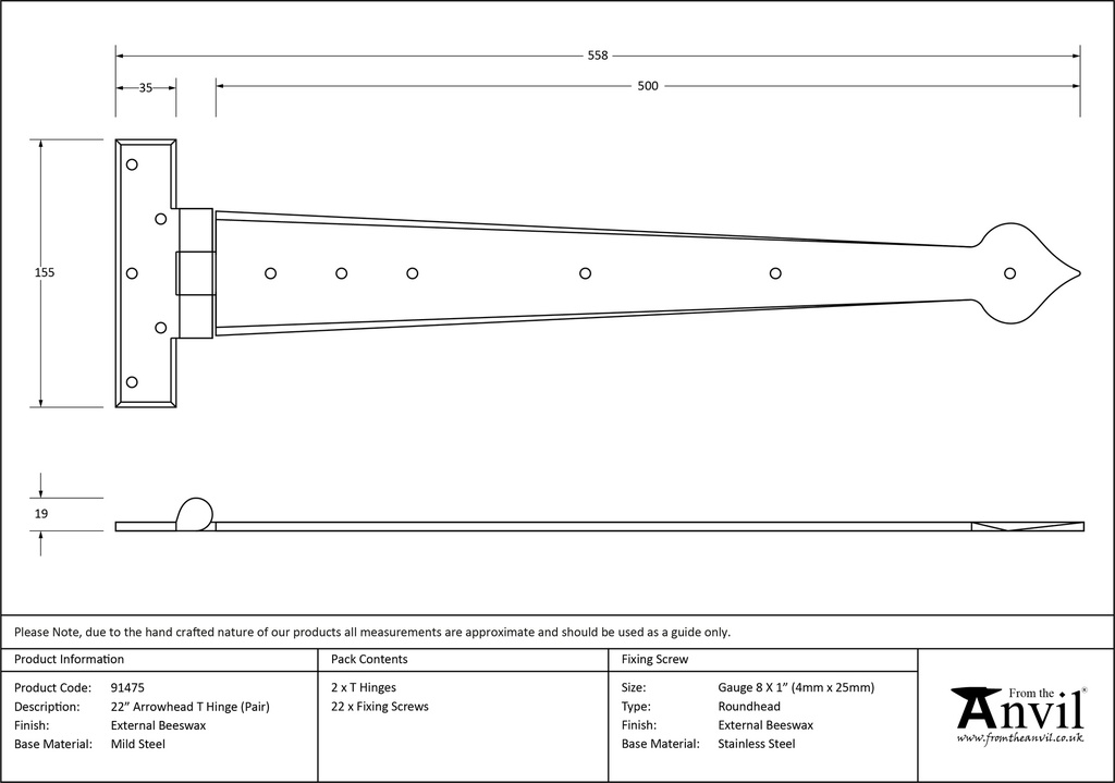 External Beeswax 22&quot; Arrow Head T Hinge (pair) - 91475 - Technical Drawing